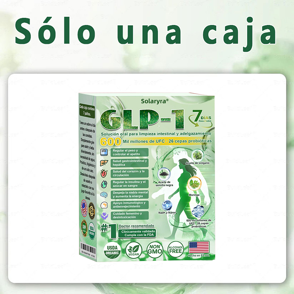 Solaryra® GLP-1 7-Day Intestinal Cleansing and Slimming Oral Liquid contiene 600 mil millones de probióticos vivos para ayudar con el control de peso, la digestión, el aumento de energía y la salud general. Resultados visibles en 7 días-ABB8