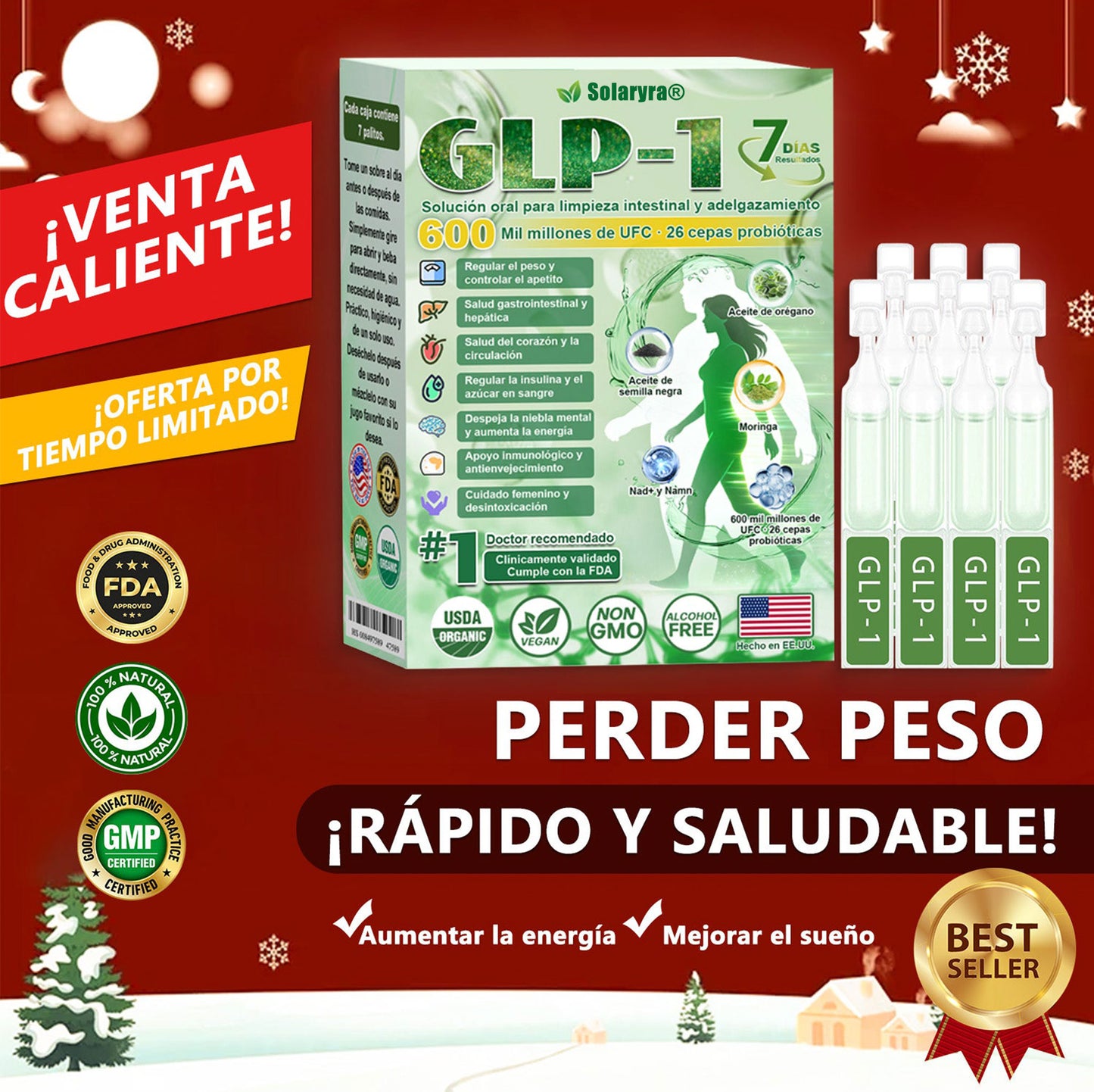 Solaryra® GLP-1 7-Day Intestinal Cleansing and Slimming Oral Liquid contiene 600 mil millones de probióticos vivos para ayudar con el control de peso, la digestión, el aumento de energía y la salud general. Resultados visibles en 7 días-ABB8