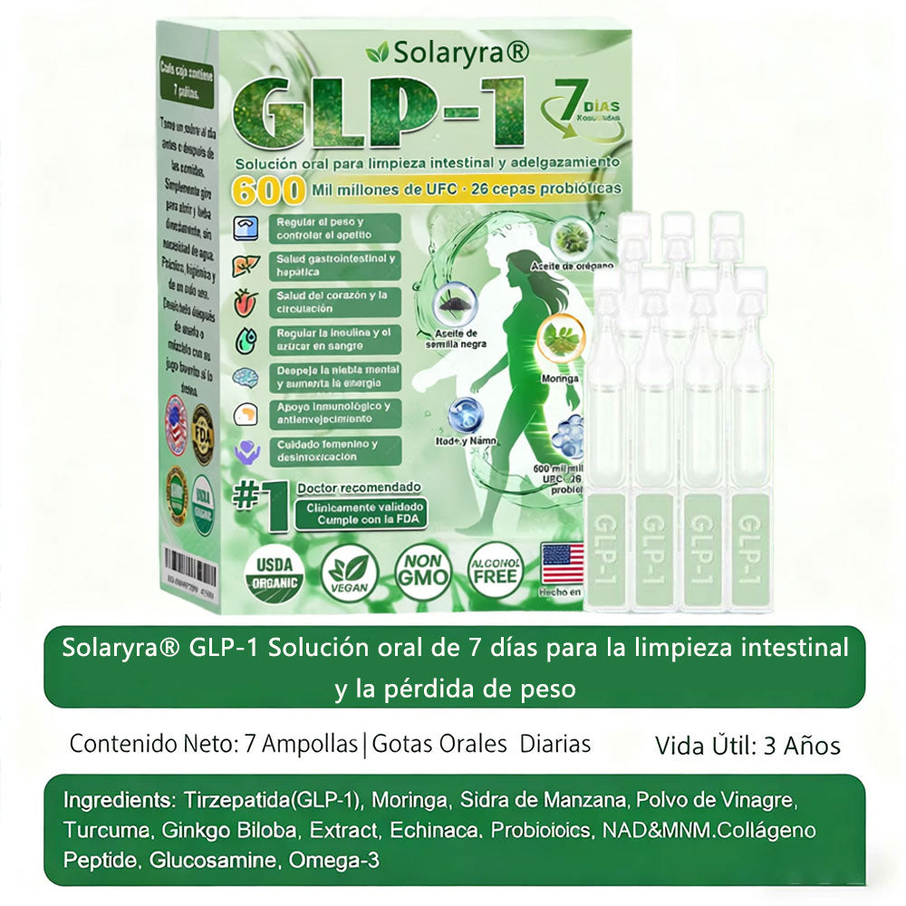 Solaryra® GLP-1 7-Day Intestinal Cleansing and Slimming Oral Liquid contiene 600 mil millones de probióticos vivos para ayudar con el control de peso, la digestión, el aumento de energía y la salud general. Resultados visibles en 7 días-ABB8