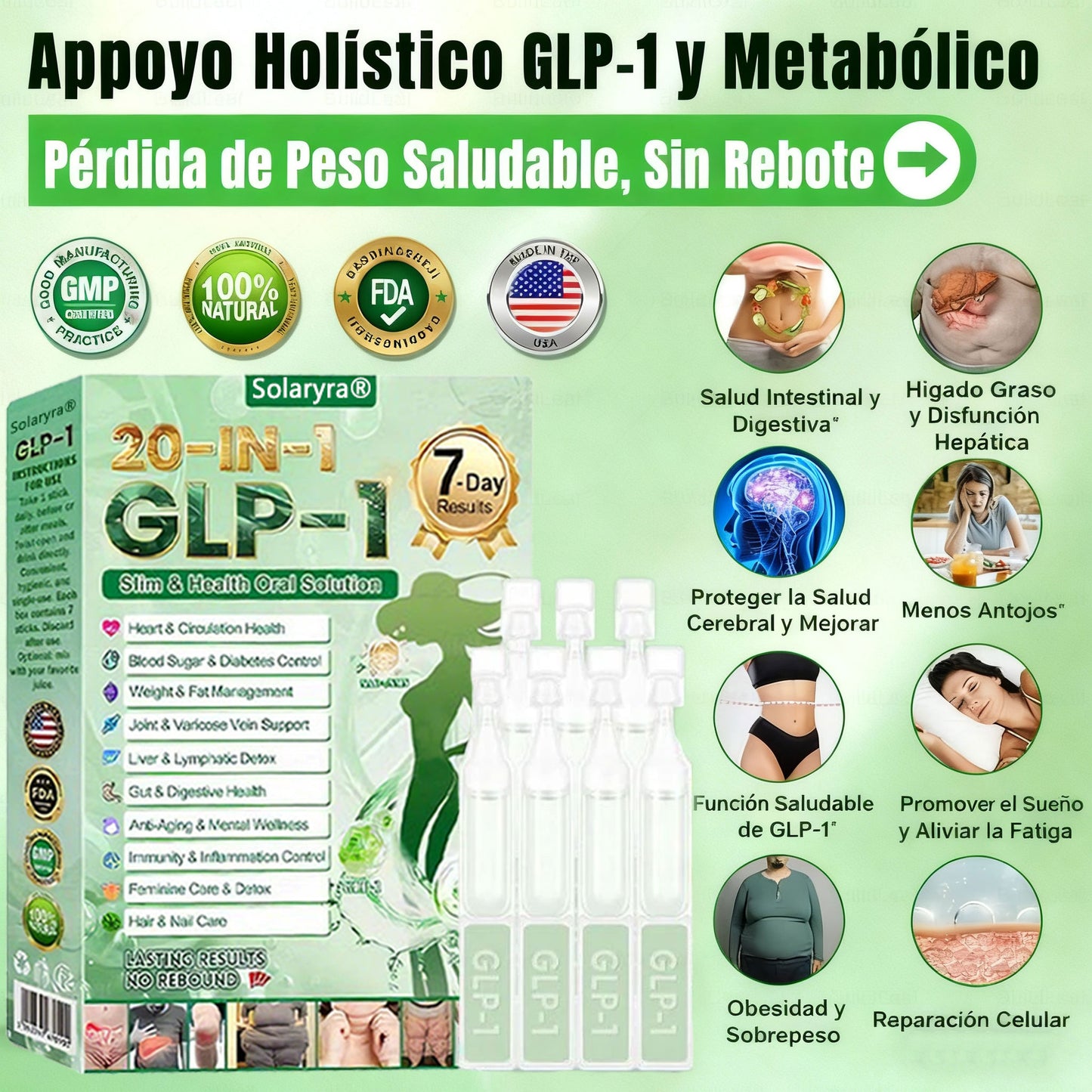 Solaryra® GLP-1 20 en 1 Suplemento Adelgazante (Resultados Visibles en 7 Días) ayuda a mejorar la obesidad, la salud cardiovascular, la diabetes, la salud intestinal, los problemas articulares, una piel más firme y un aumento de energía.-XA