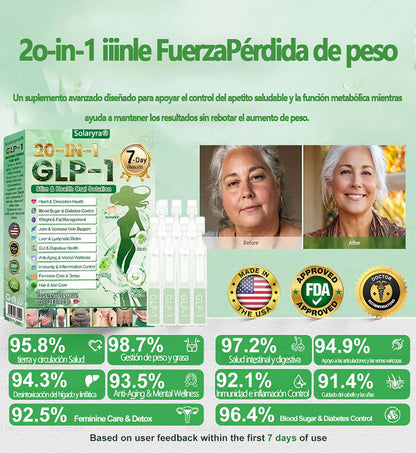 Solaryra® GLP-1 20 en 1 Suplemento Adelgazante (Resultados Visibles en 7 Días) ayuda a mejorar la obesidad, la salud cardiovascular, la diabetes, la salud intestinal, los problemas articulares, una piel más firme y un aumento de energía.-XA