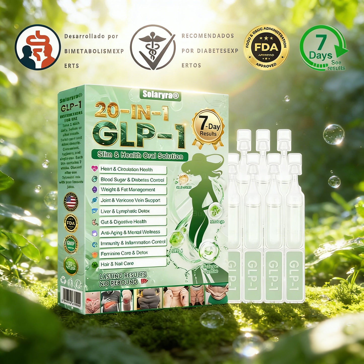Solaryra® GLP-1 20 en 1 Suplemento Adelgazante (Resultados Visibles en 7 Días) ayuda a mejorar la obesidad, la salud cardiovascular, la diabetes, la salud intestinal, los problemas articulares, una piel más firme y un aumento de energía.-XA