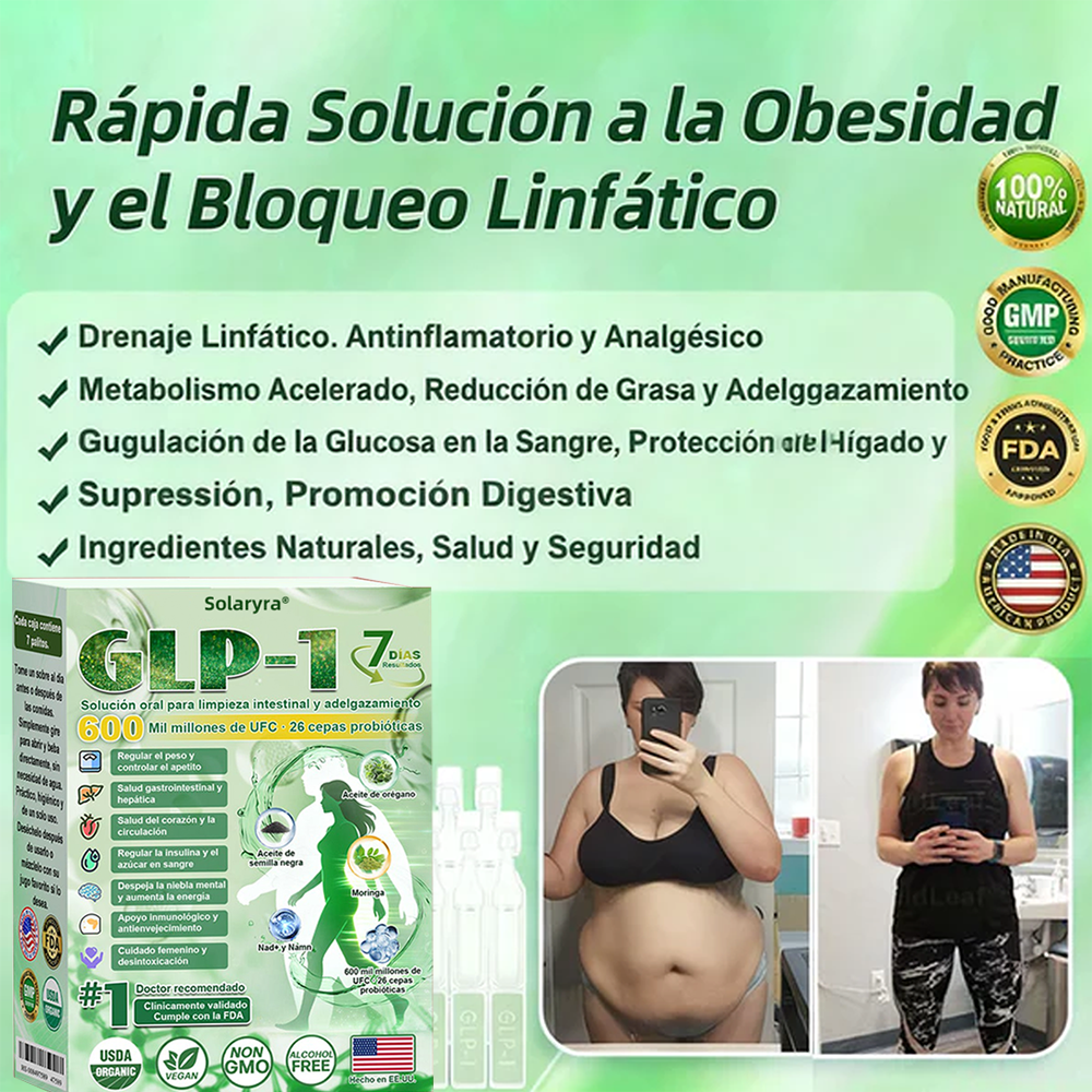 Solaryra® GLP-1 7-Day Intestinal Cleansing and Slimming Oral Liquid contiene 600 mil millones de probióticos vivos para ayudar con el control de peso, la digestión, el aumento de energía y la salud general. Resultados visibles en 7 días-ABB8