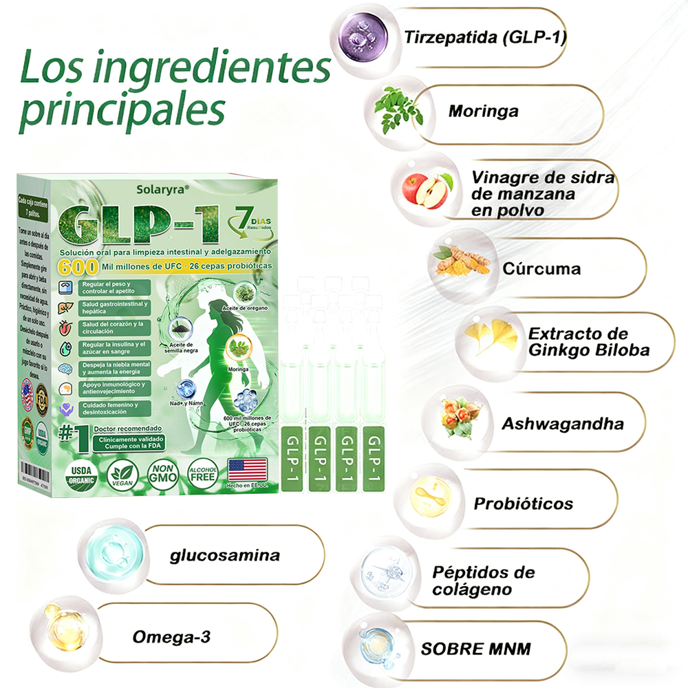 Solaryra® GLP-1 7-Day Intestinal Cleansing and Slimming Oral Liquid contiene 600 mil millones de probióticos vivos para ayudar con el control de peso, la digestión, el aumento de energía y la salud general. Resultados visibles en 7 días-ABB8