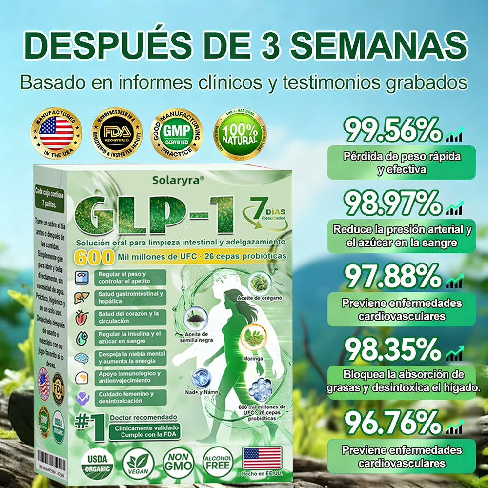 Solaryra® GLP-1 7-Day Intestinal Cleansing and Slimming Oral Liquid contiene 600 mil millones de probióticos vivos para ayudar con el control de peso, la digestión, el aumento de energía y la salud general. Resultados visibles en 7 días-ABB8